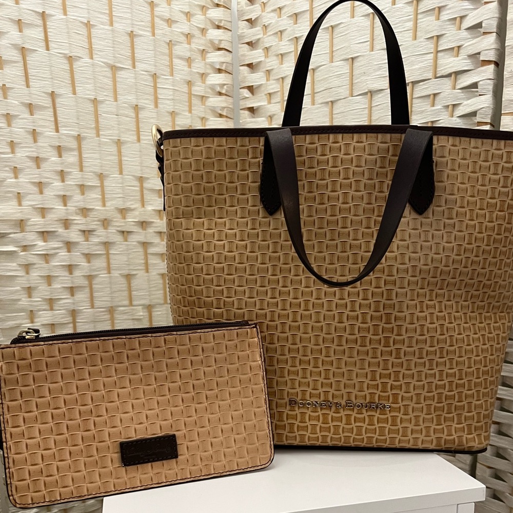 Dooney & Bourke Authentic Tan Wooven Embossed Leather Tote and wristlet.